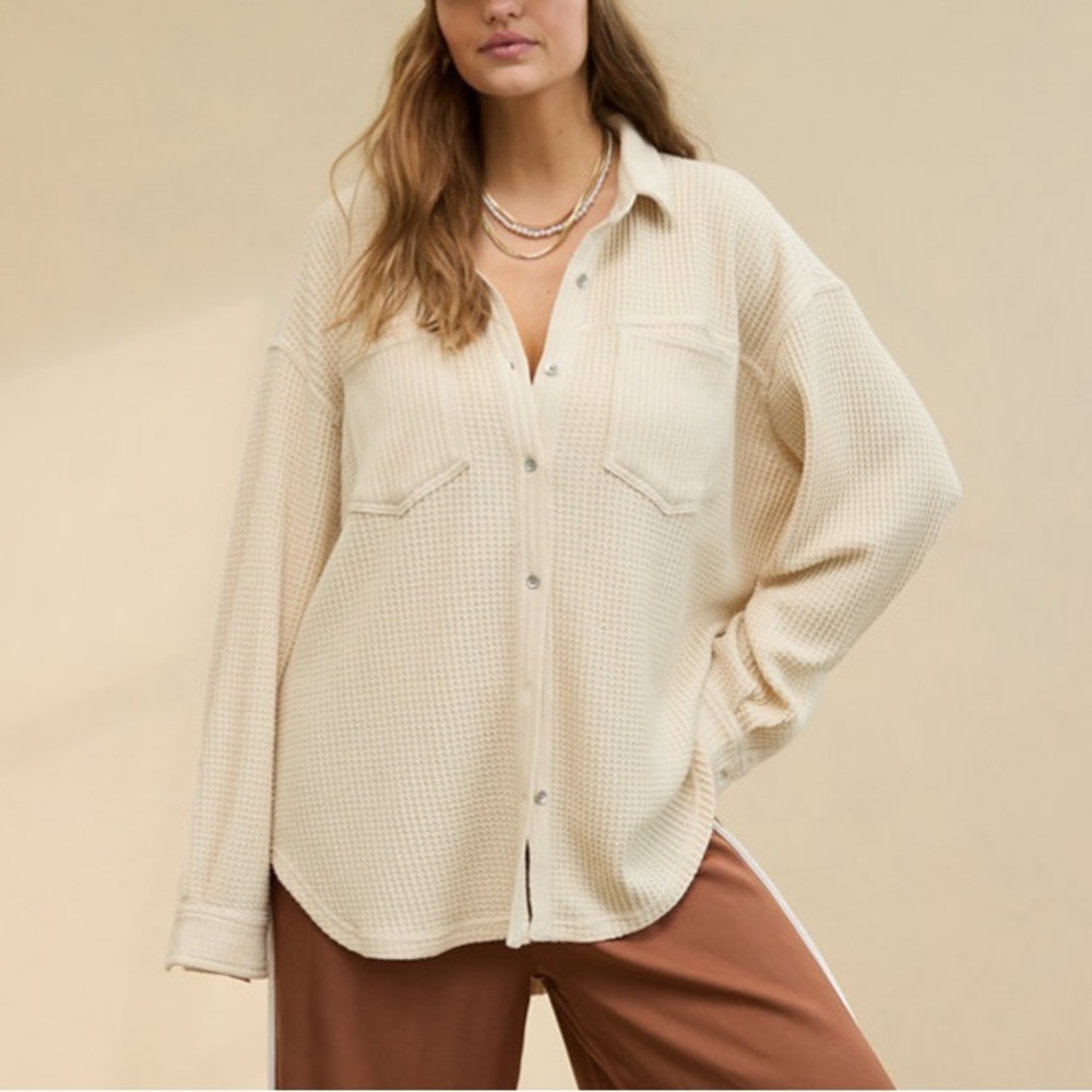 Aerie Anytime Fave Beige Waffle Knit button up